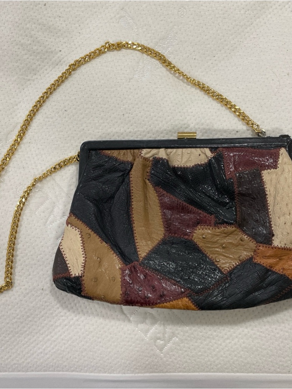 Patchwork Leather Clutch in Black, Brown & Tan with Gold Chain